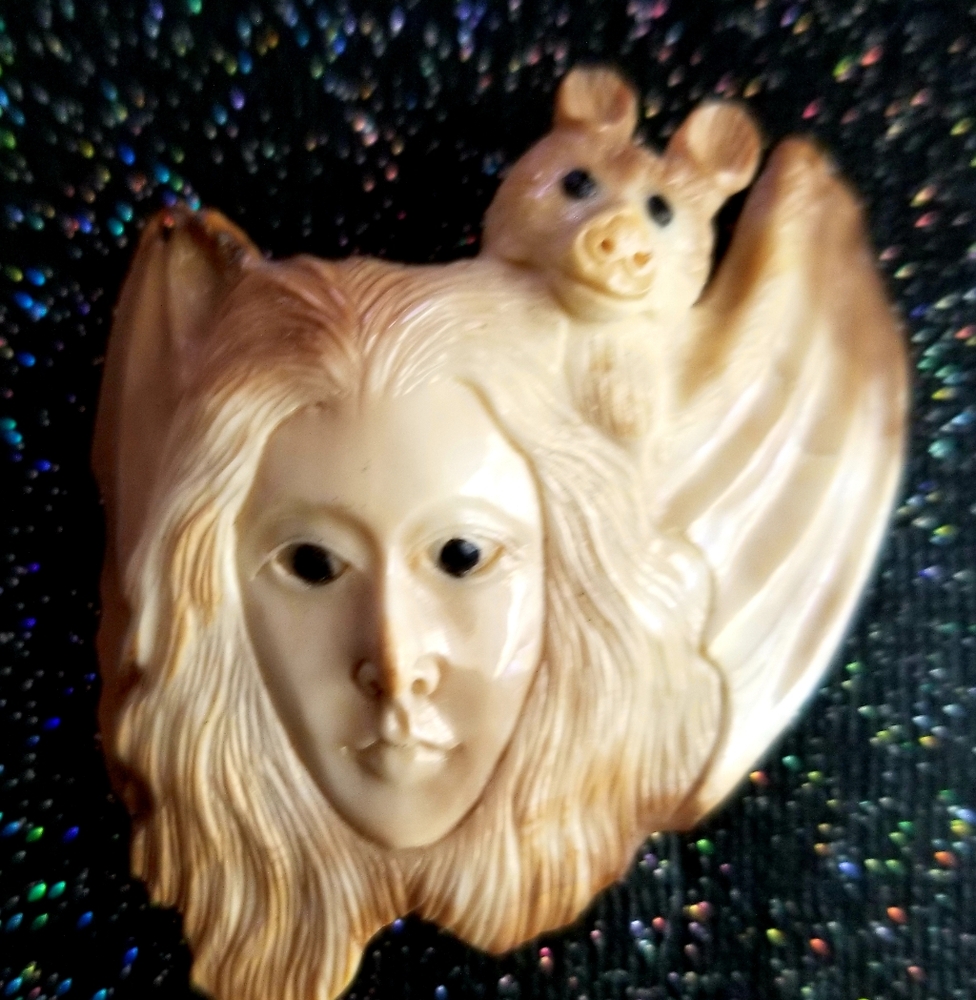 Vintage TS Babah Bat Goddess Brooch Hand Carved in Bali from Fossil 2.5"